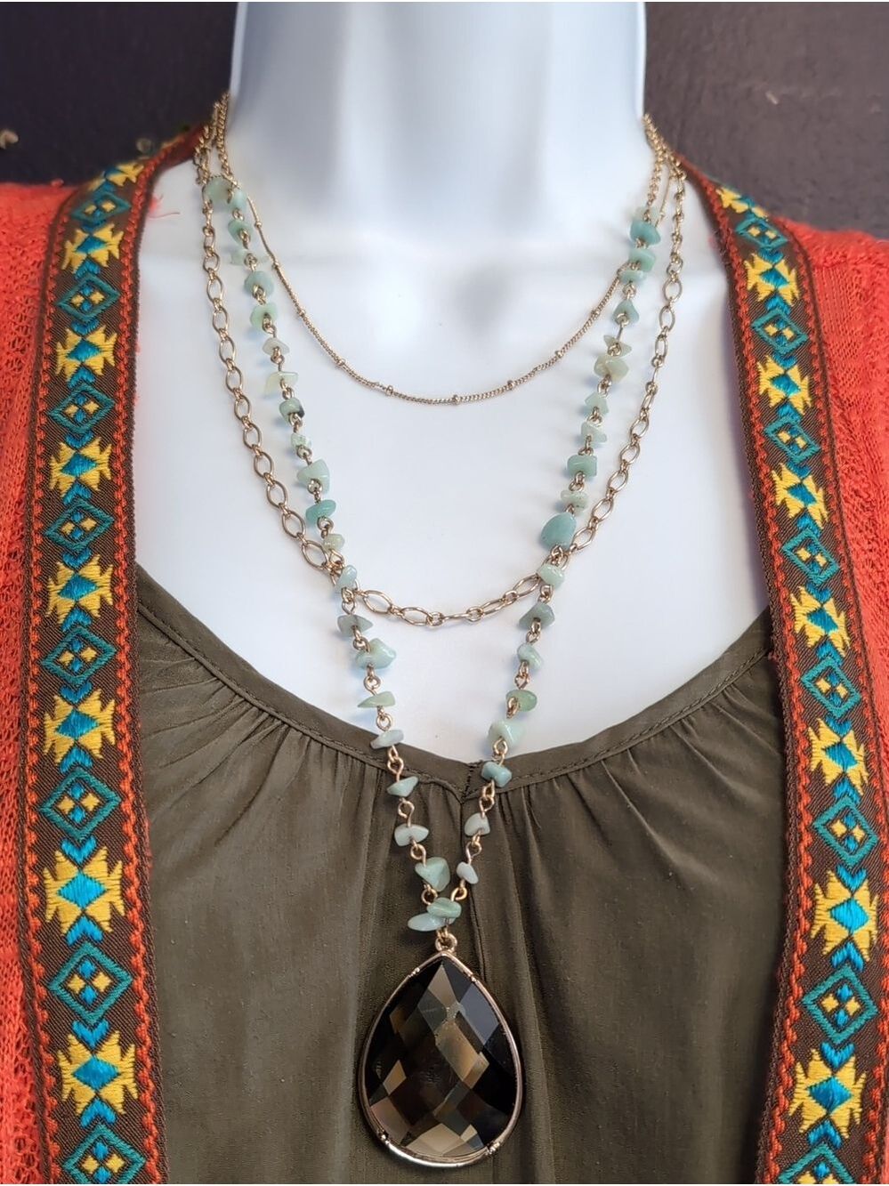 Avon Gold Layered Necklace with Pale Green Beads and Smoky Teardrop - Picture 3 of 7